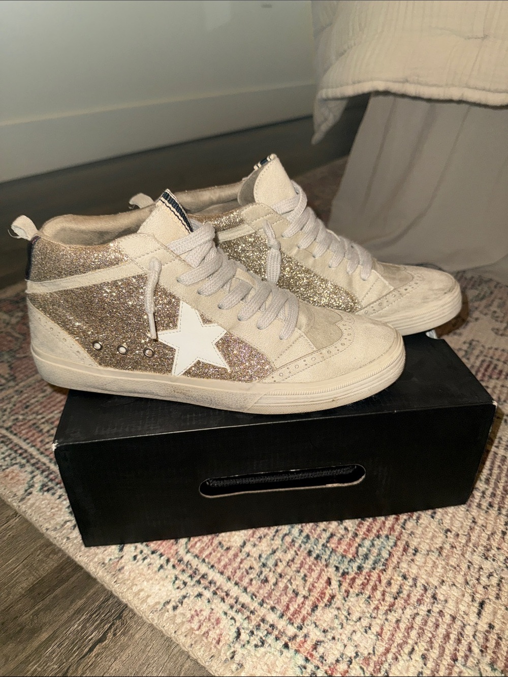 ShuShop Gold Glitter High-Top Sneakers with White Star